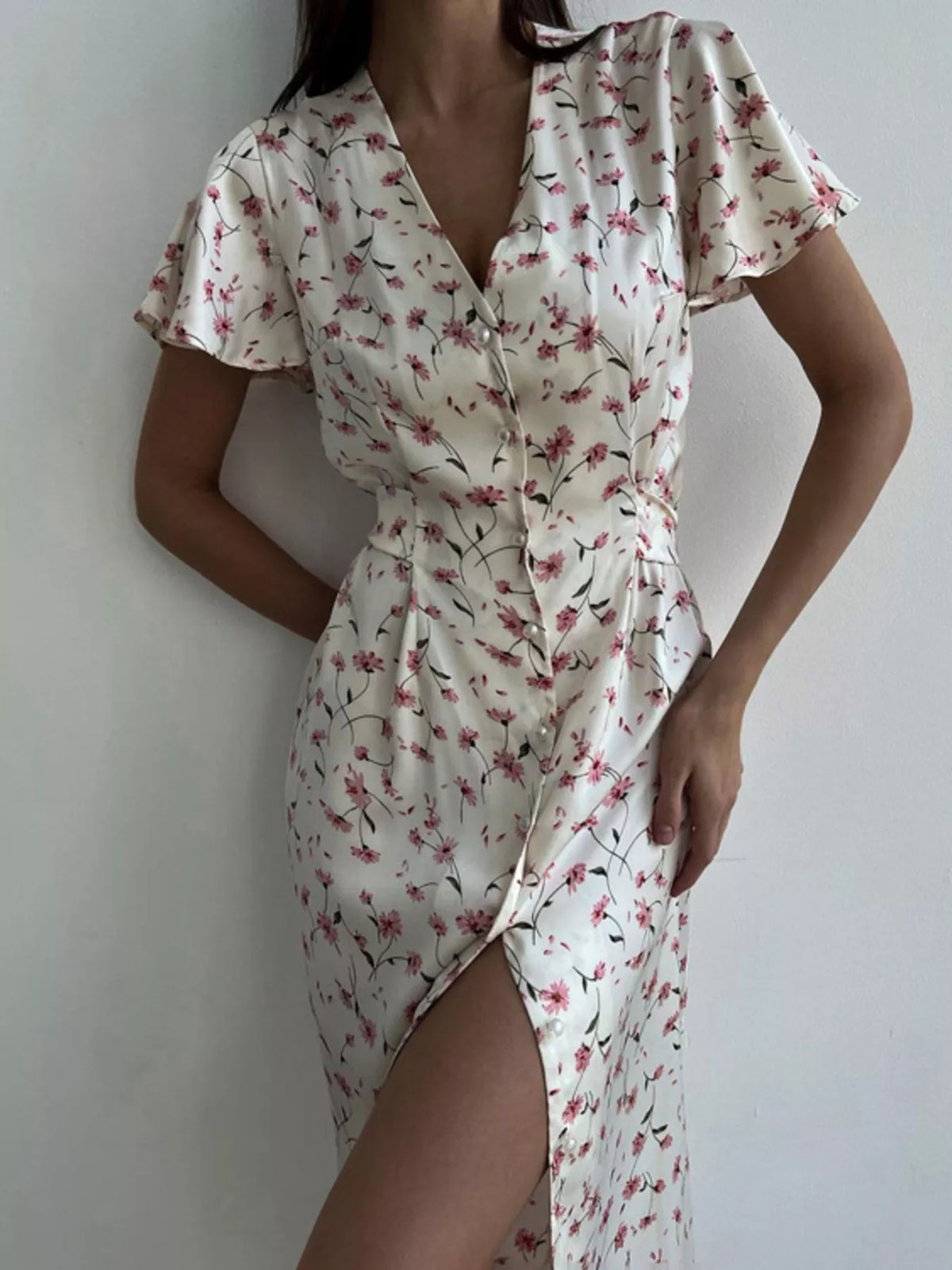 Dusty pink floral print flutter sleeve dress front view