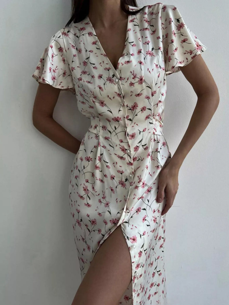 Dusty pink floral print flutter sleeve dress front view