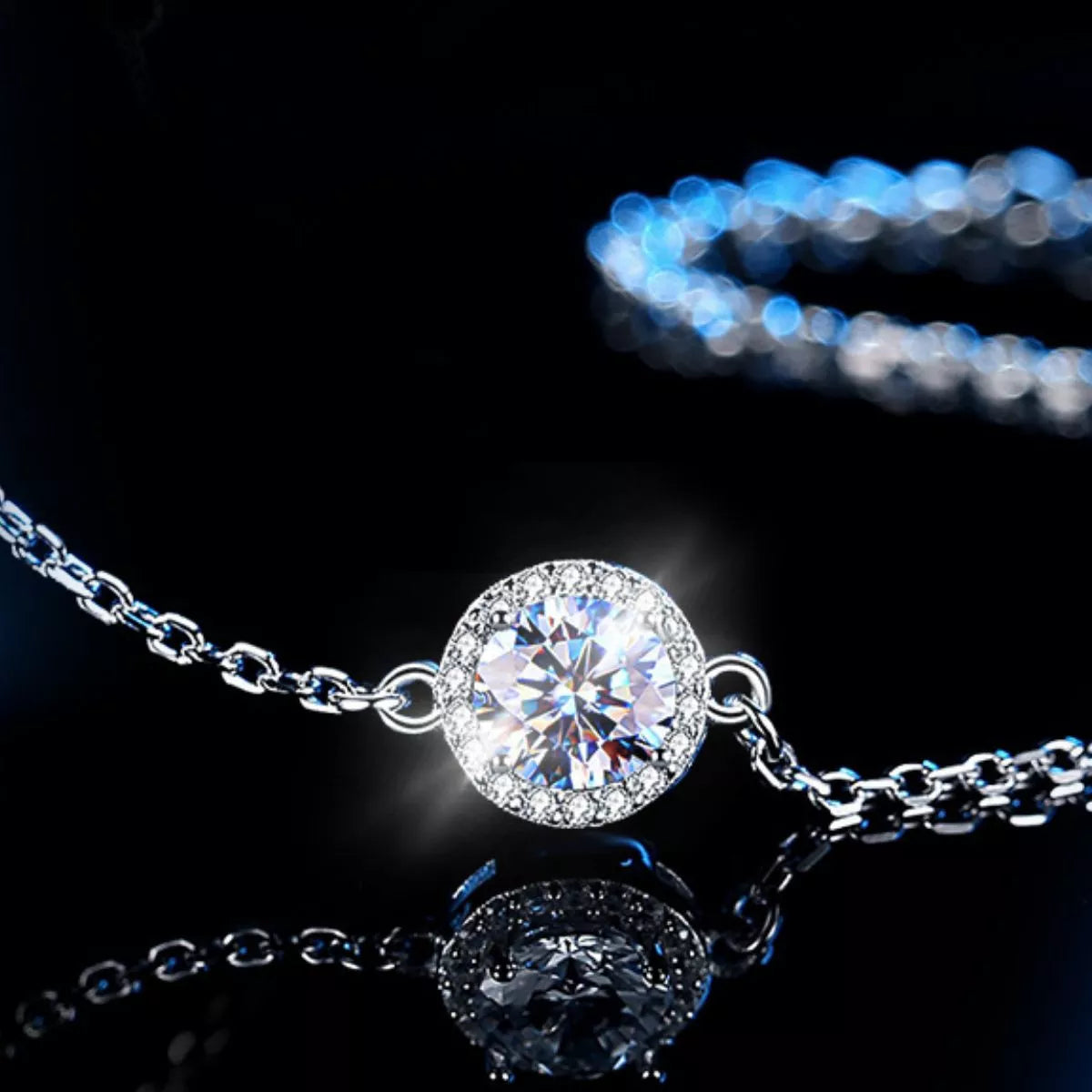 Moissanite bracelet worn with the wrist turned to catch the light