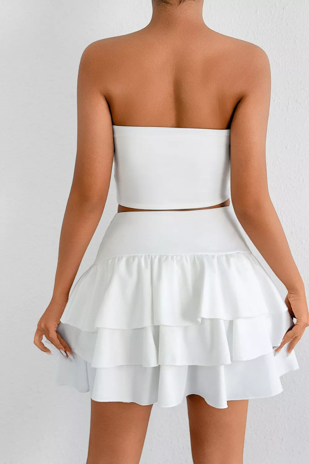 White ruffle skirt two piece set side view