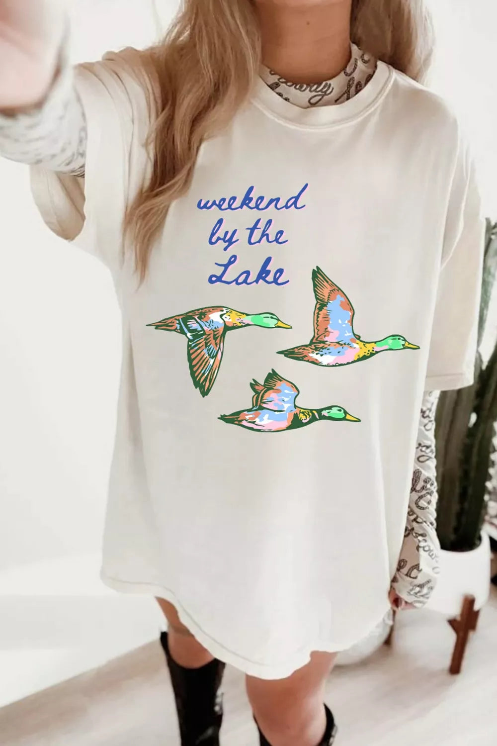 White Weekend by the Lake graphic oversized tee front view