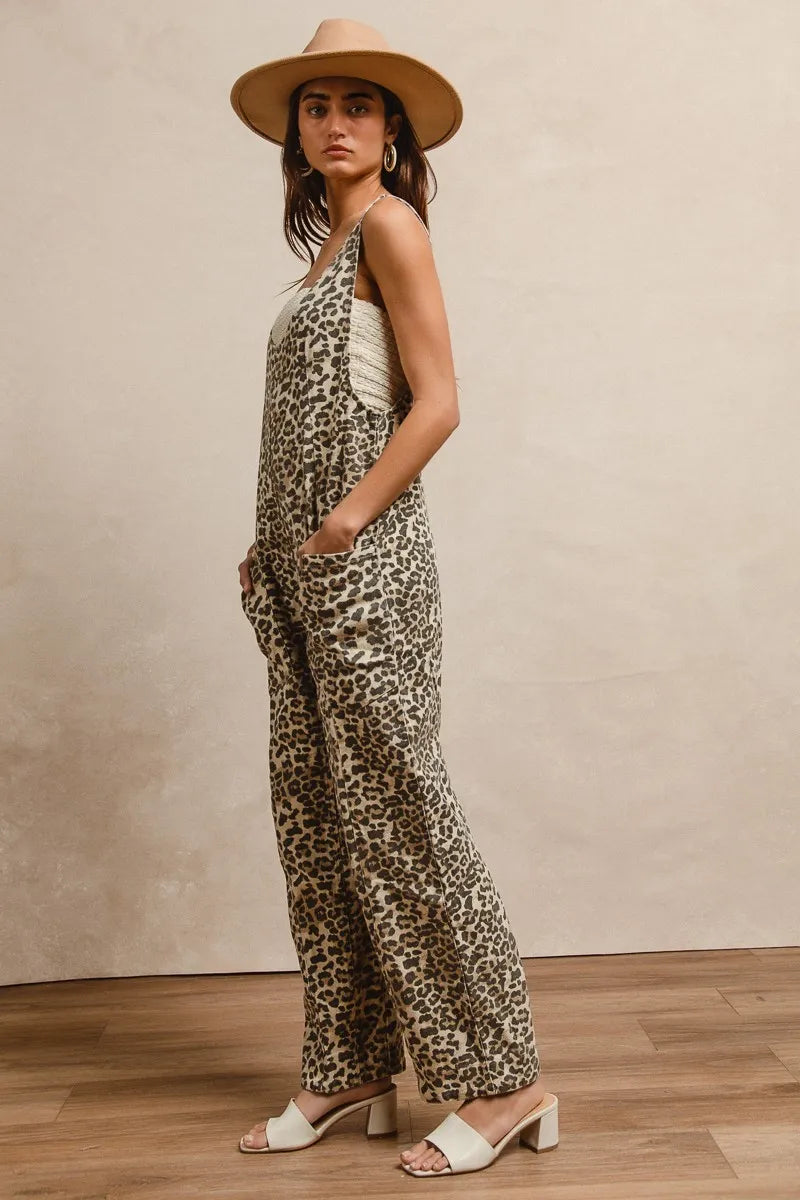 BiBi Leopard Print Adjustable Strap U Neck Jumpsuit - Fashorio