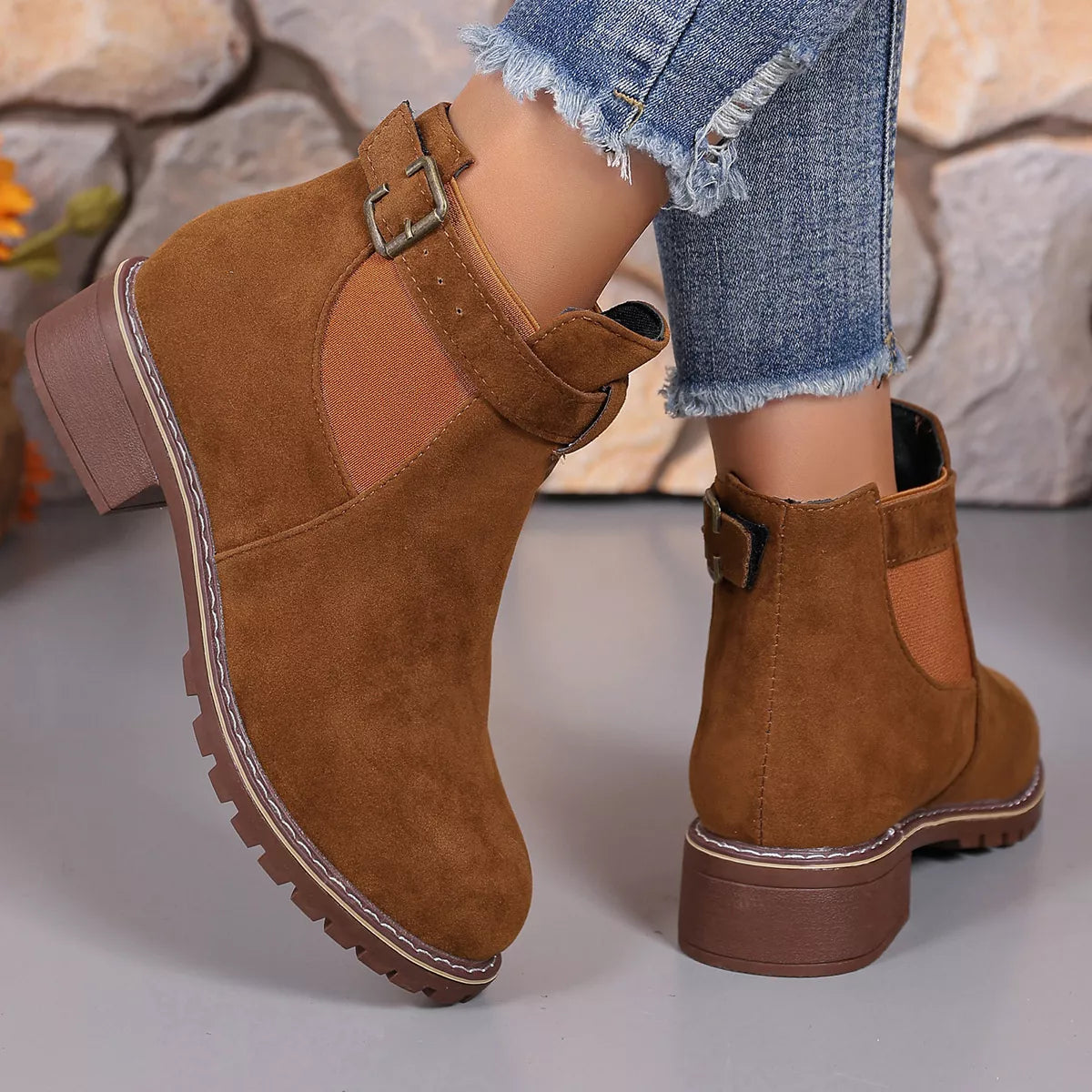 Round toe block heel boots styled on model