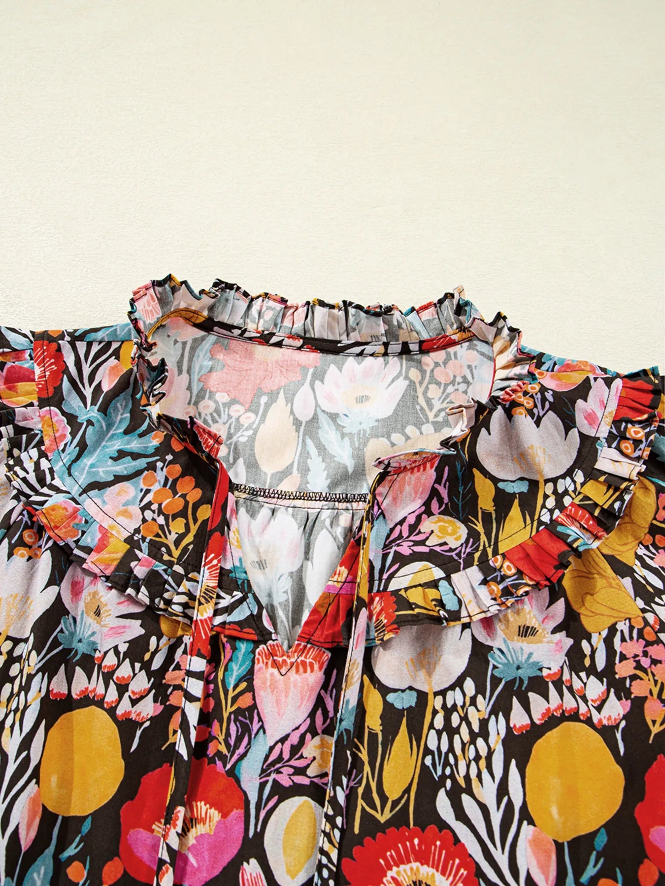 Floral 3/4 Puff Sleeve Tied Neck Blouse - Fashorio