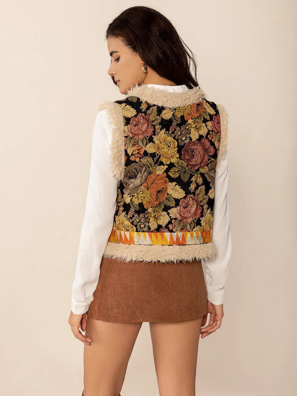 Embroidered Fuzzy Trim Open Front Vest Coat - Fashorio