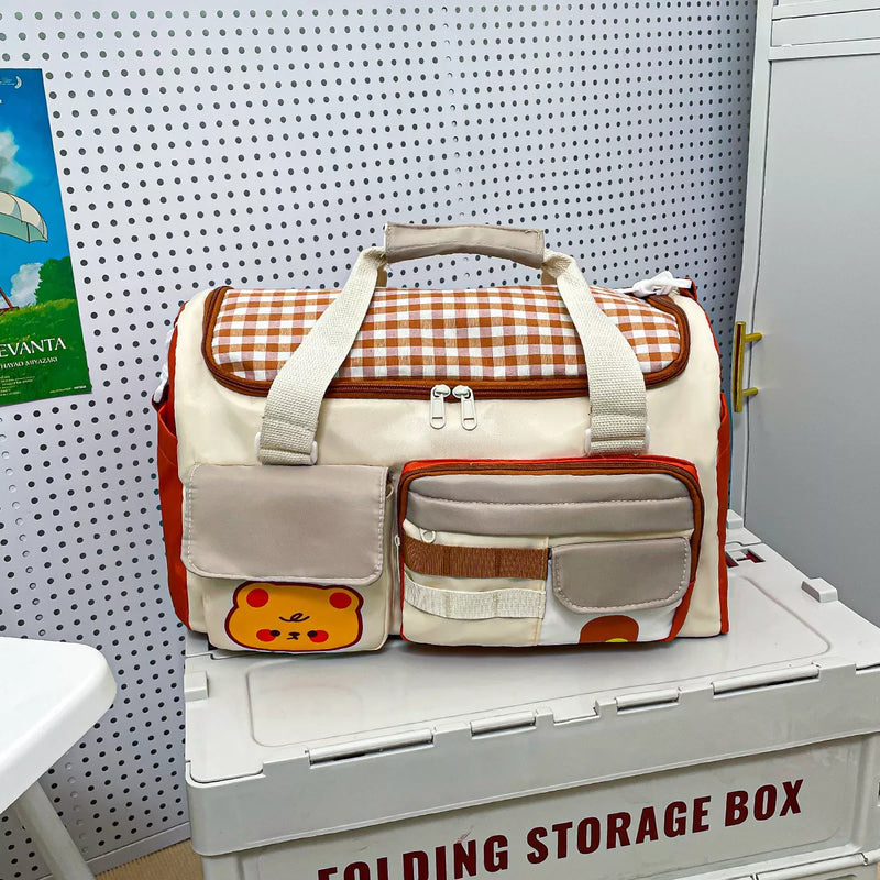 Cream cartoon bear nylon travel duffel front view