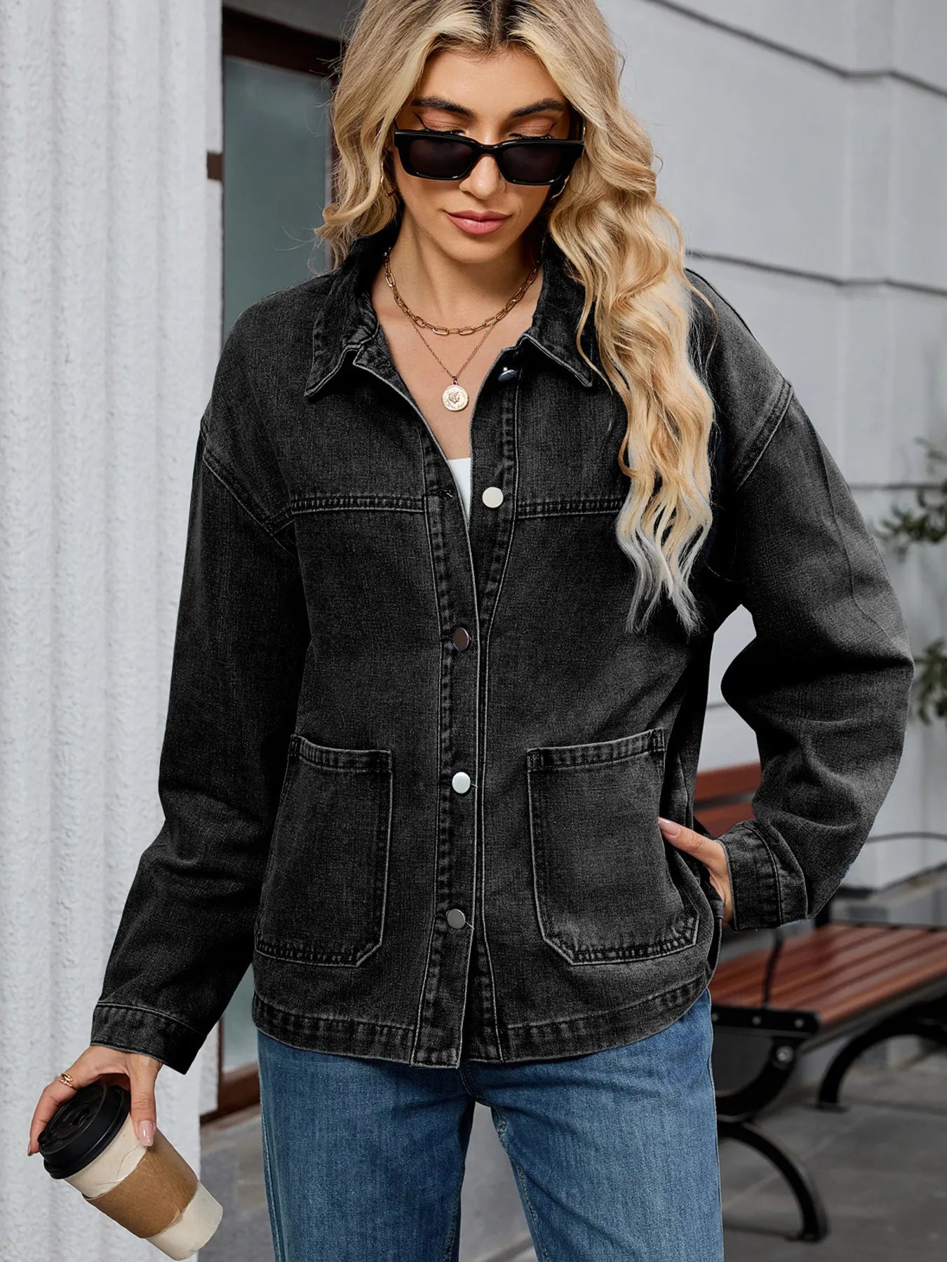 Washed Oversized Button Down Denim Jacket Black Gray - Fashorio