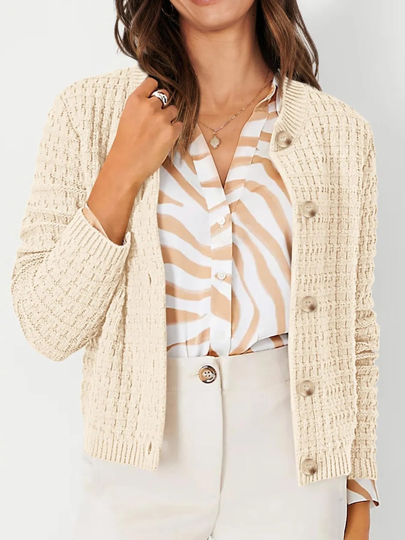 Textured Knit Button-Front Cardigan Apricot - Fashorio