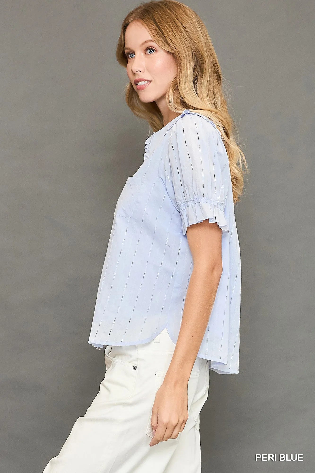 Umgee Peter Pan Collared Button Down Textured Shirt with Ruffled Detail - Fashorio