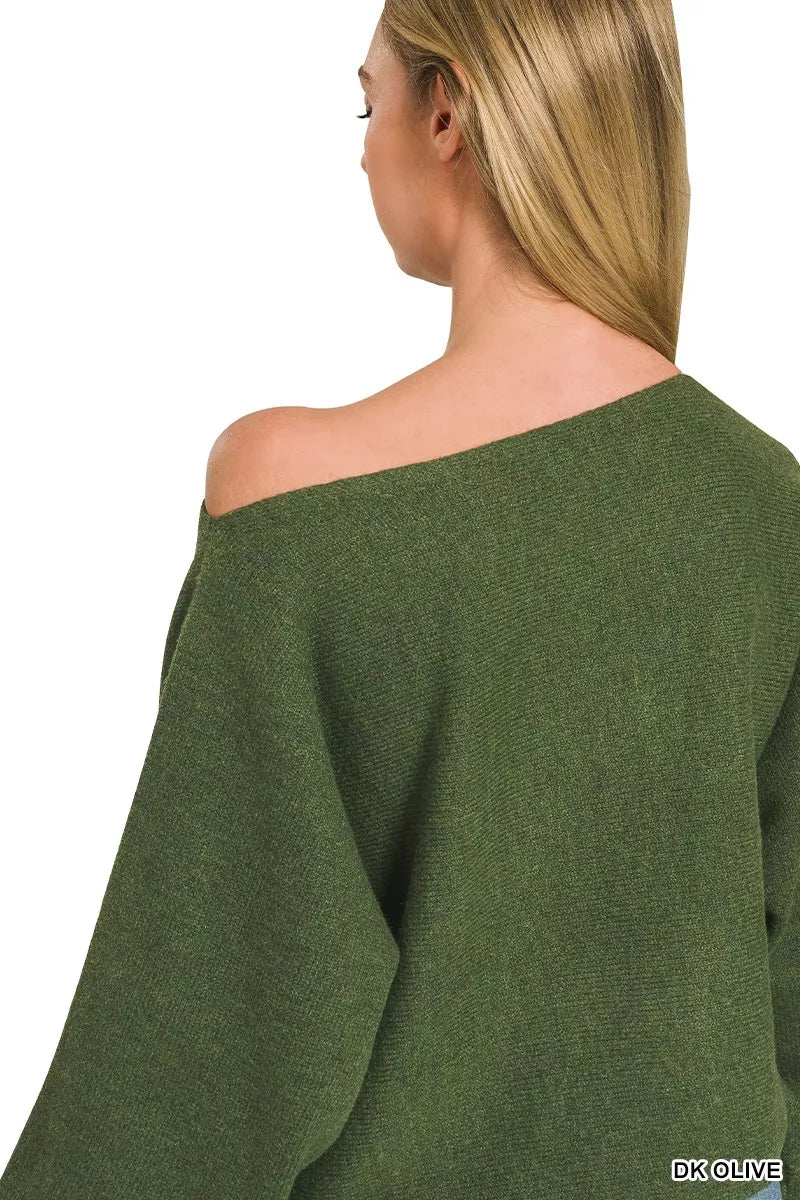Dark olive balloon sleeve pullover sweater full look