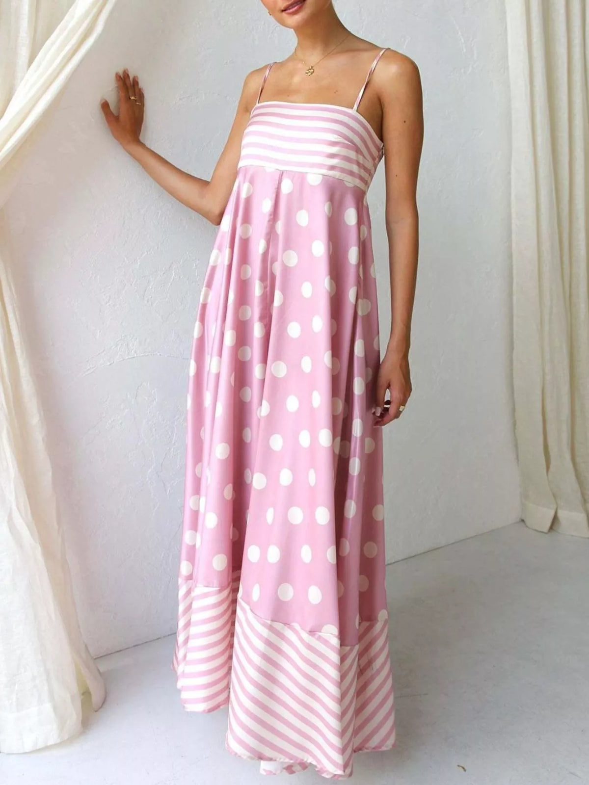 printed spaghetti strap maxi dress styled look
