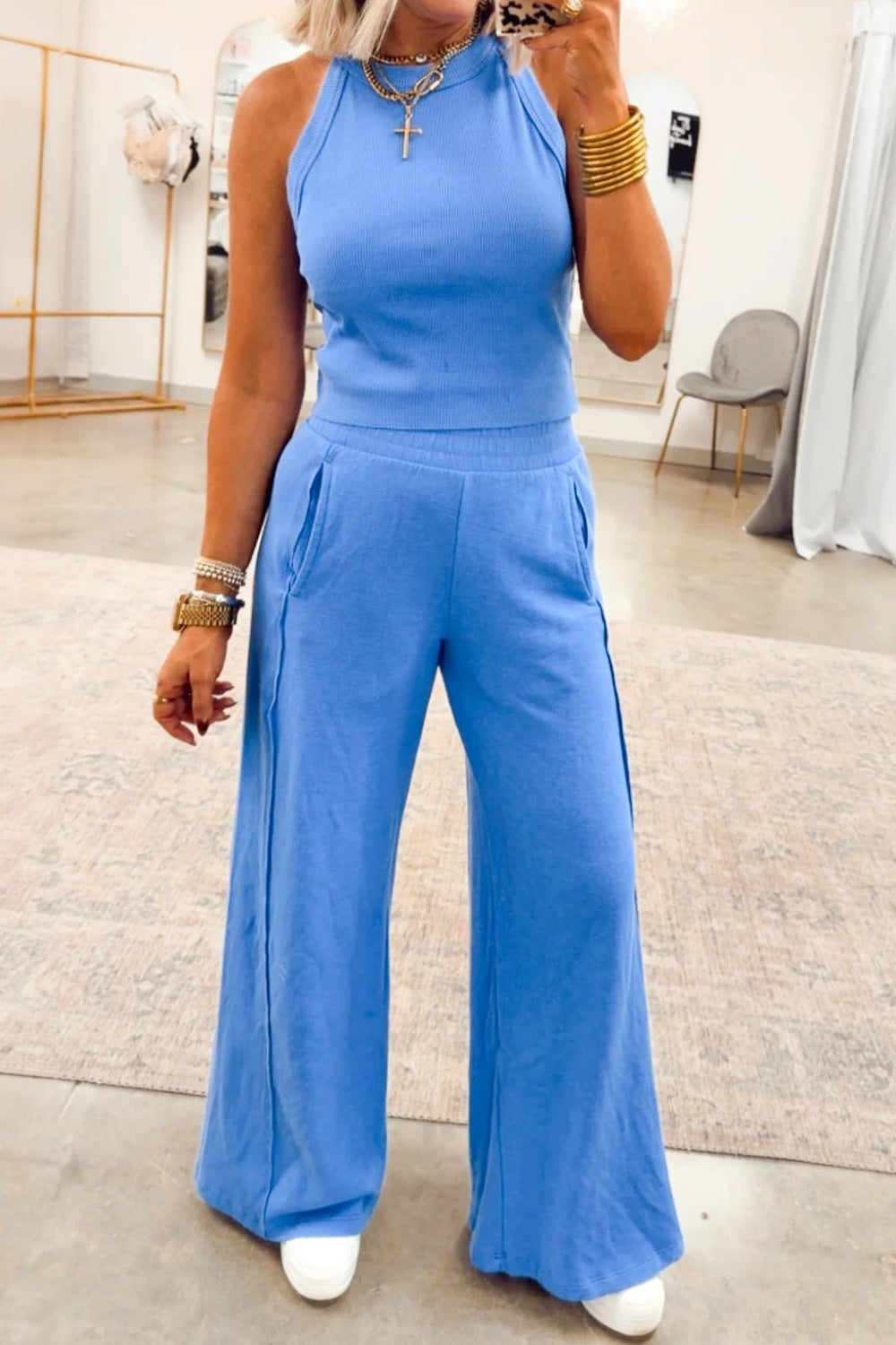 Slim Ribbed Tank and Sweatpants Two Piece Set, view 6