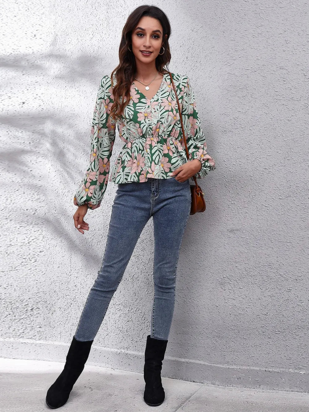 Floral V-Neck Balloon Sleeve Peplum Blouse - Fashorio