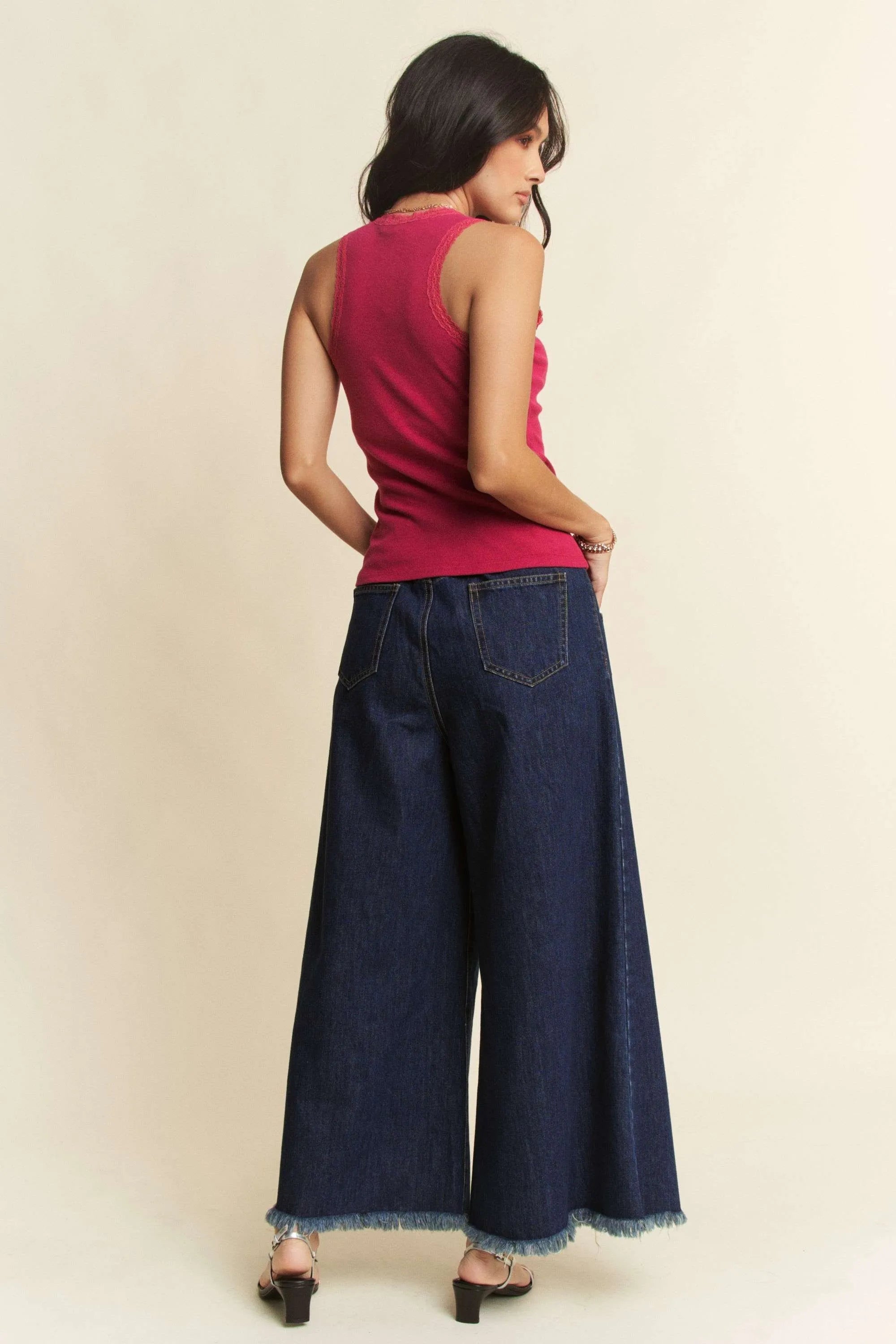 Davi & Dani Patch Pocket Wide Leg Culotte Jeans - Fashorio