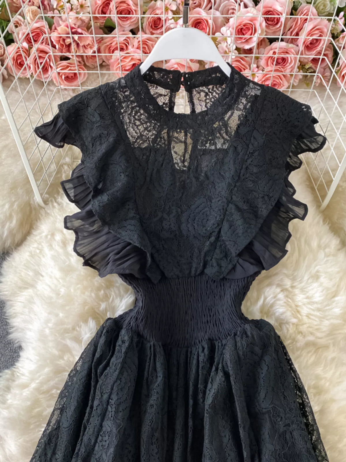 Ruffled mock neck lace maxi dress, front view