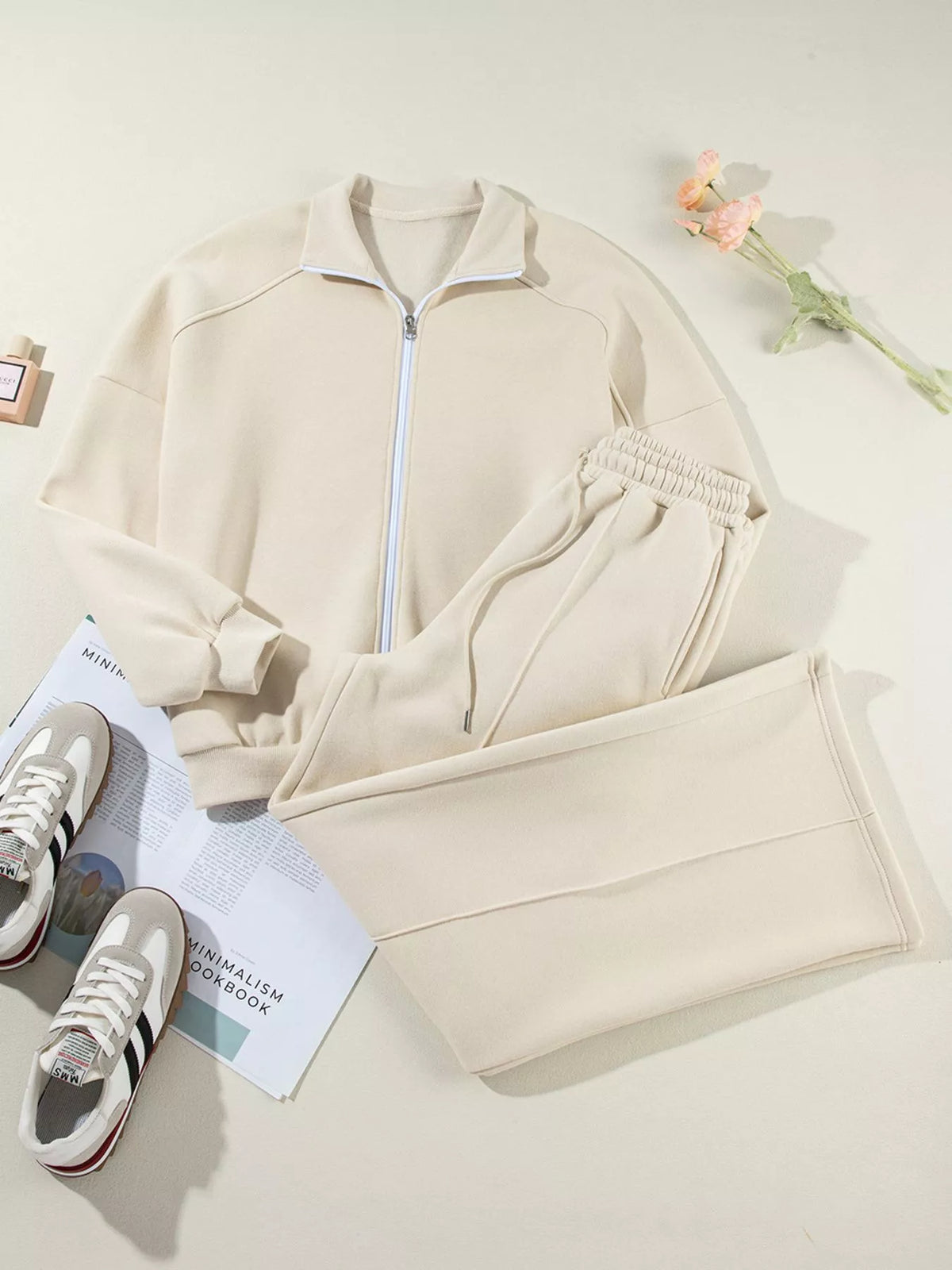 Drop Shoulder Zip Up Jacket and Drawstring Pants Active 2pcs Set on model