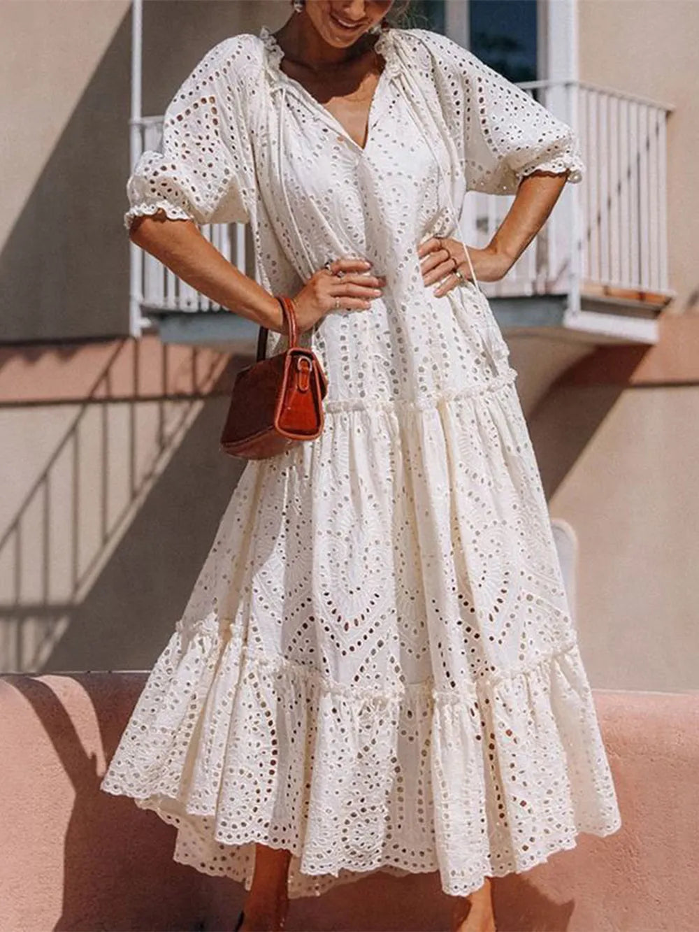 Ivory tie neck half sleeve tiered dress front view