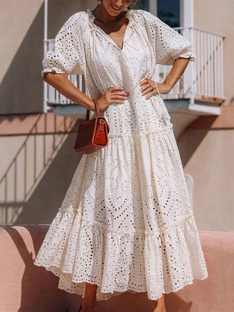 Ivory tie neck half sleeve tiered dress front view