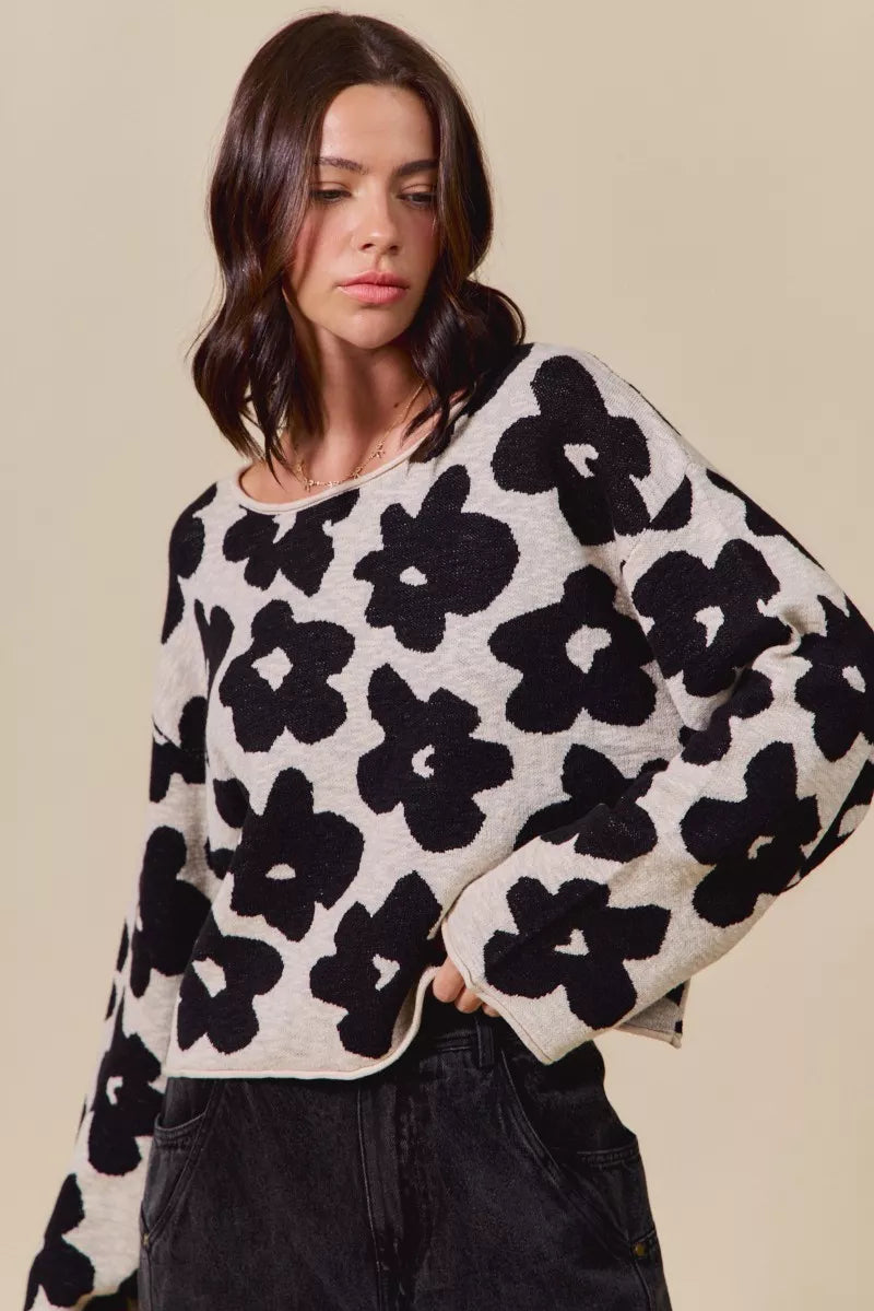 Floral Loose Fit Lightweight Sweater Top in Black and Oatmeal close up