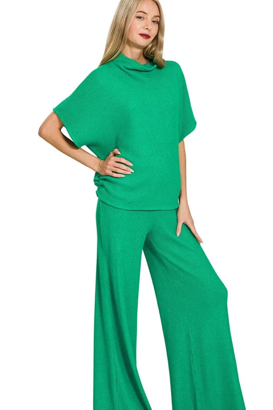 Zenana Sweater Mock Neck Top & Long Pants Set K GREEN - Fashorio