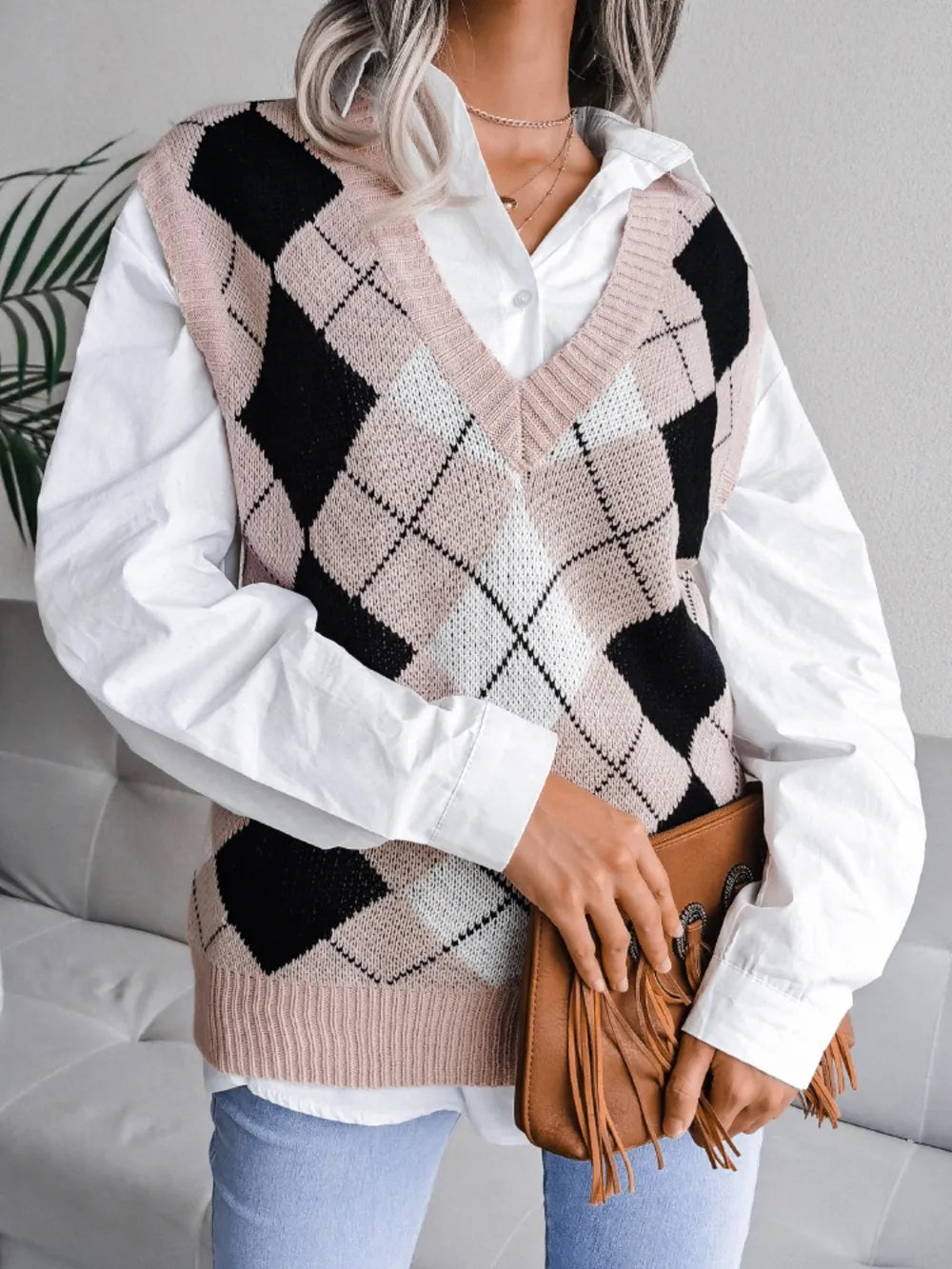 Plaid V Neck Sweater Vest in Khaki on model