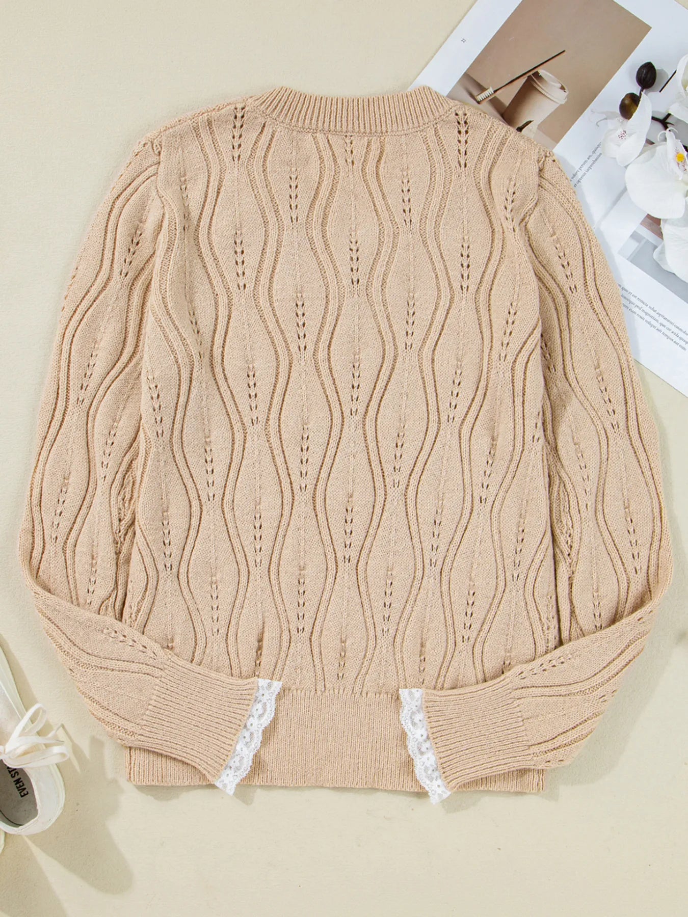 Pearl Beaded Pointelle Knit V Neck Lace Patchwork Sleeve Sweater - Fashorio