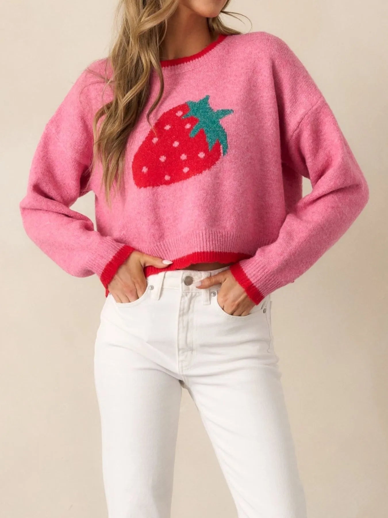 Strawberry Round Neck Long Sleeve Sweater - Fashorio