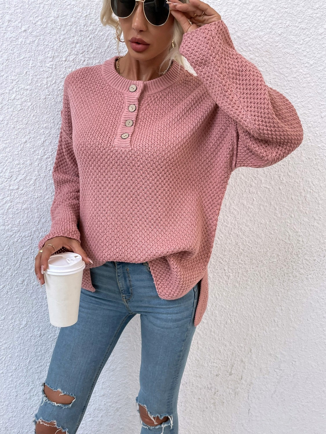 Quarter-Button Slit Sweater - Fashorio