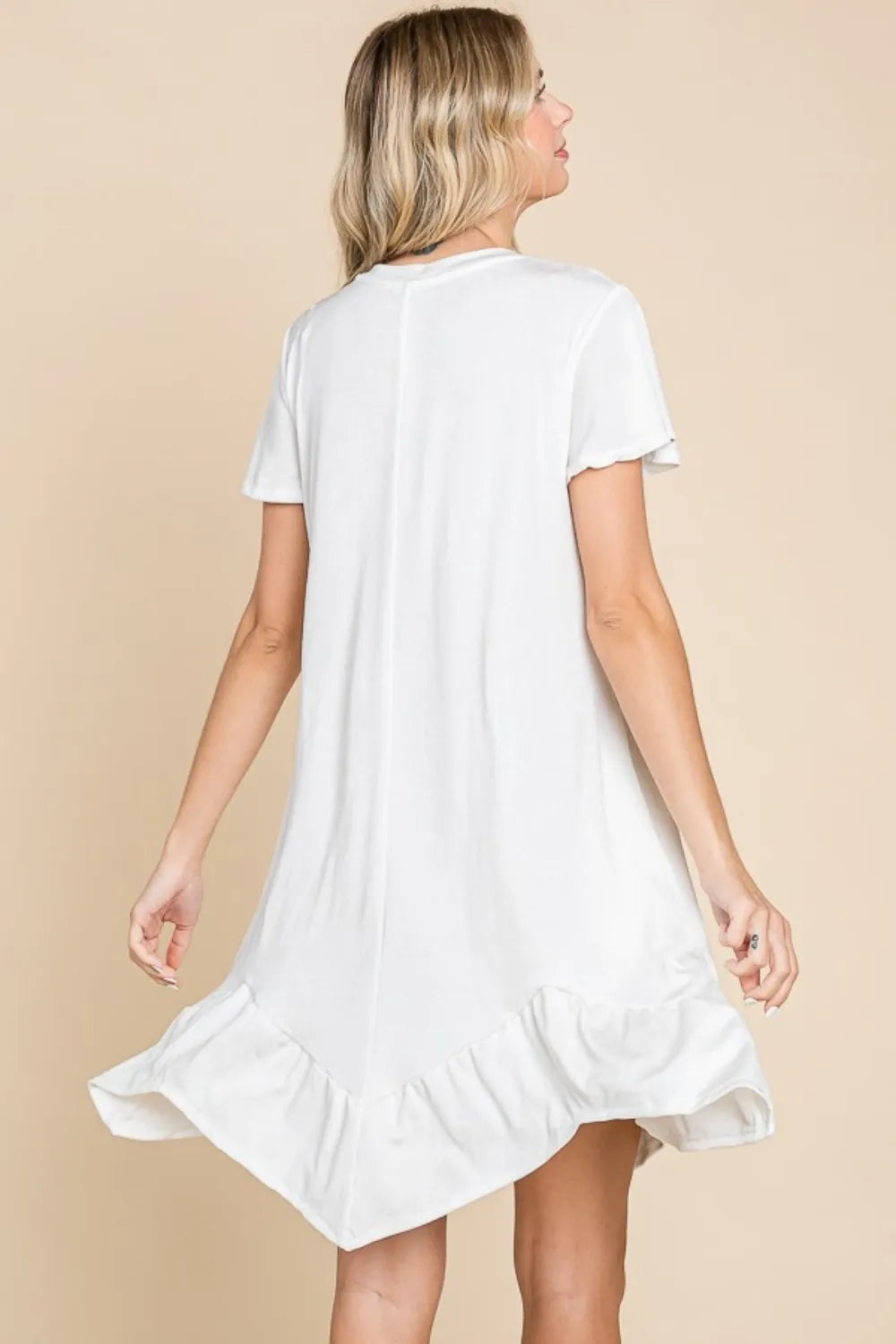 Ruffled Asymmetric Hem Dress in White back view