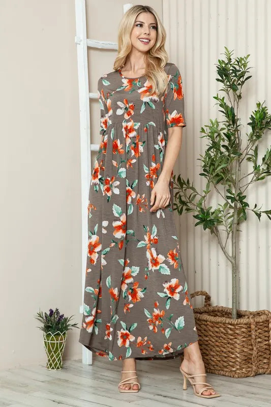 Coffee Brown floral short sleeve maxi tee dress, full length styling