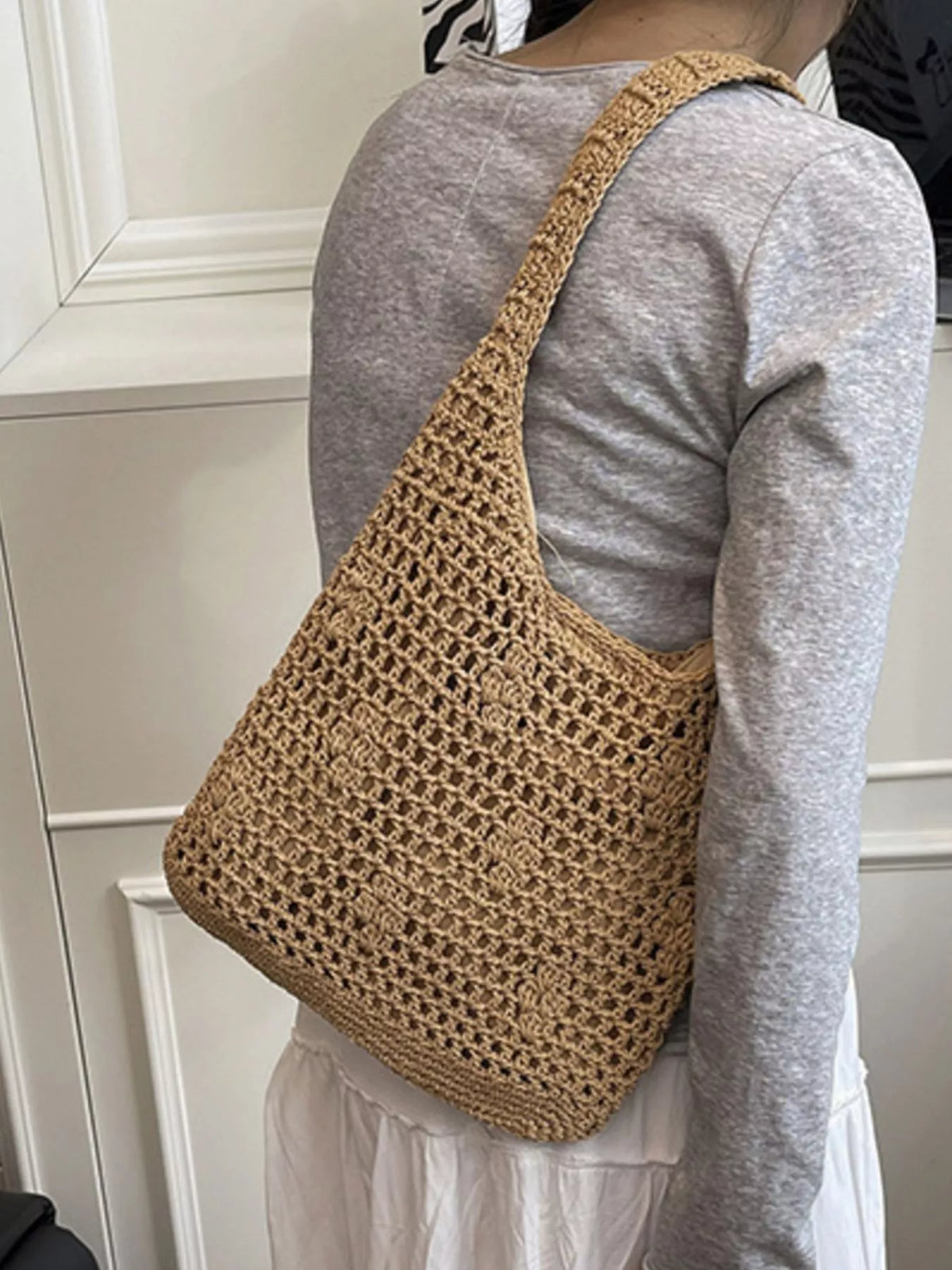 Khaki crochet shoulder bag full shot