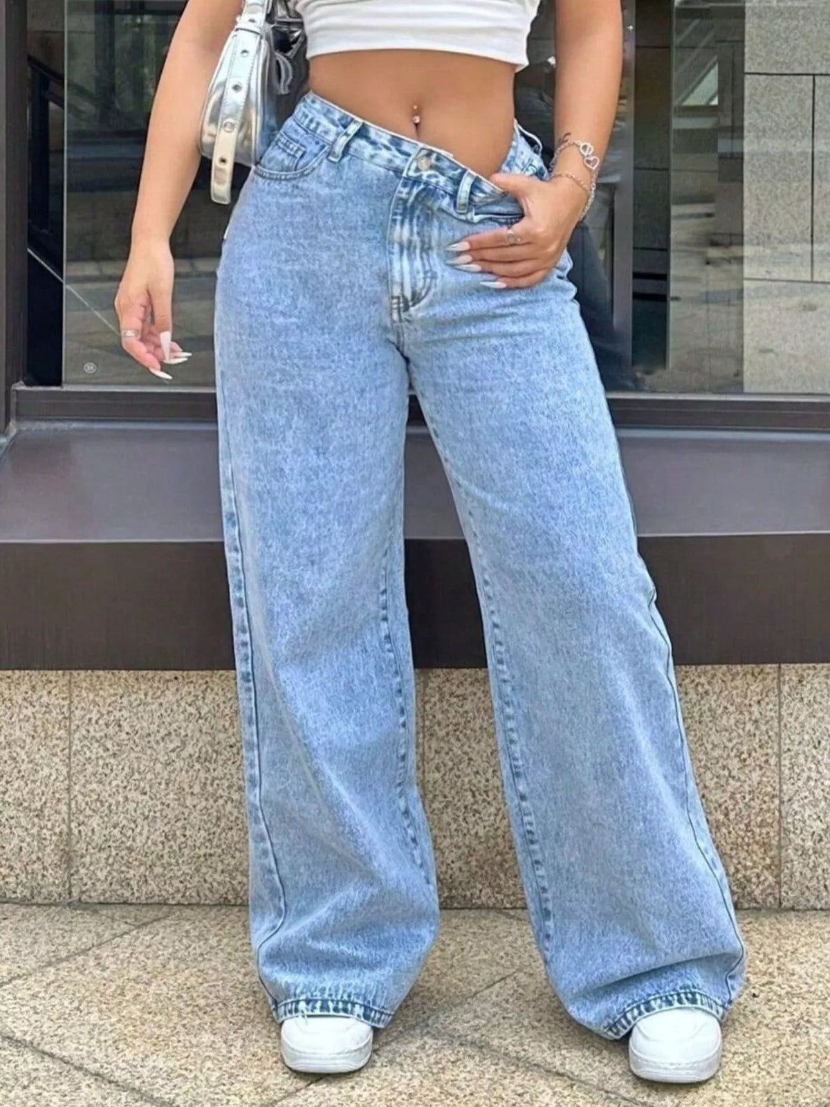 Side view of high rise wide leg jeans