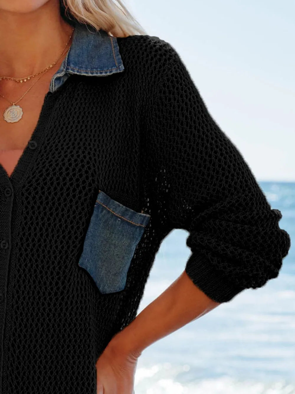 Side slit openwork kimono cover up detail