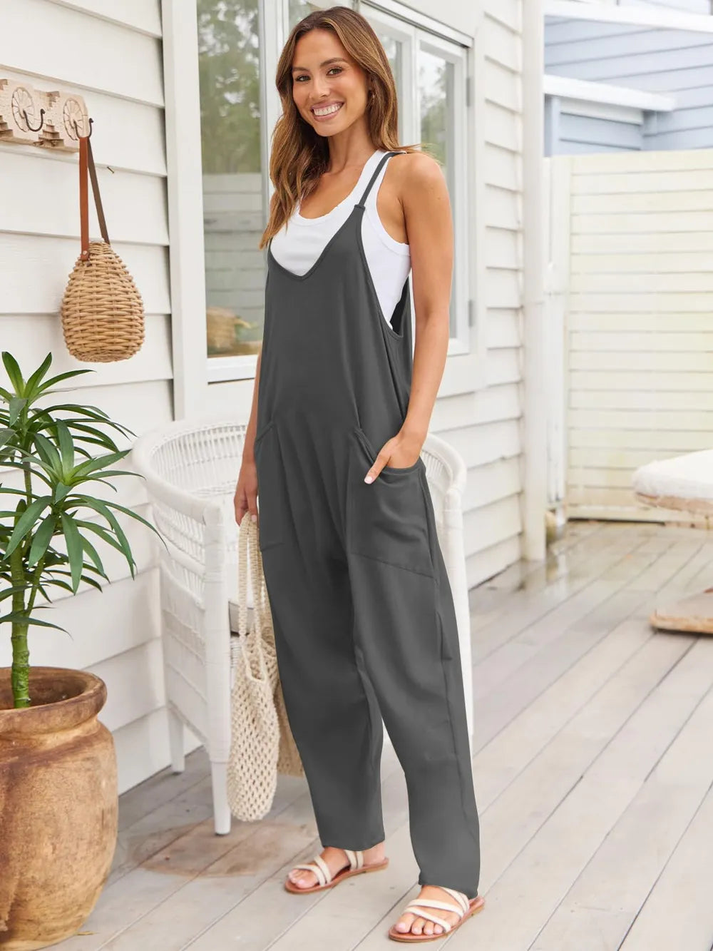 V neck jumpsuit in chocolate brown
