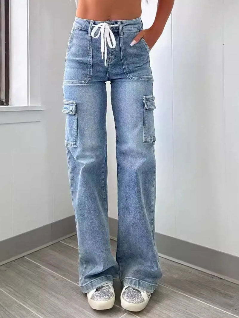 Tie waist washed straight jeans front view