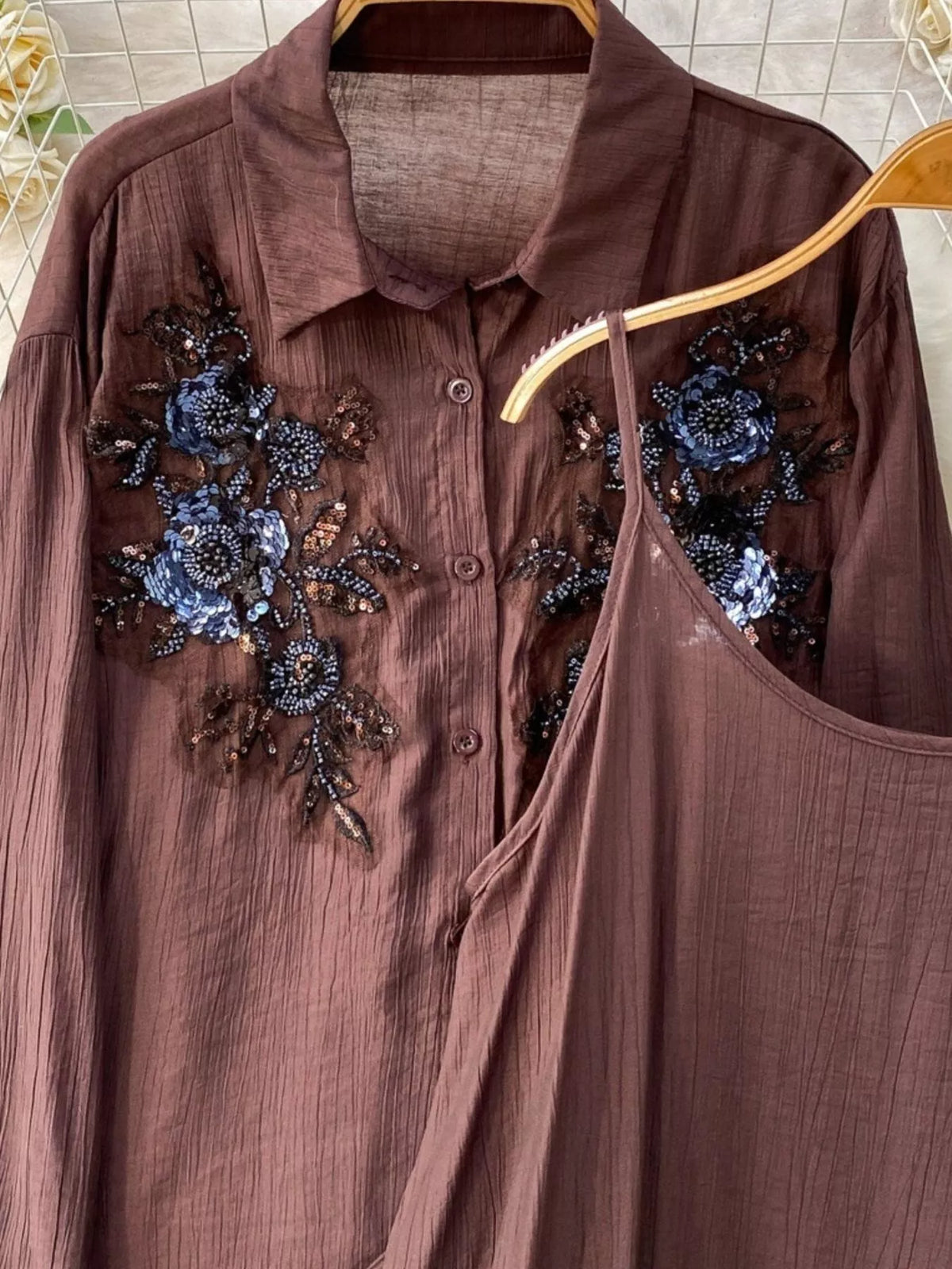 Sequin Flower Button Up Shirt and Cami Dress Set, view 11