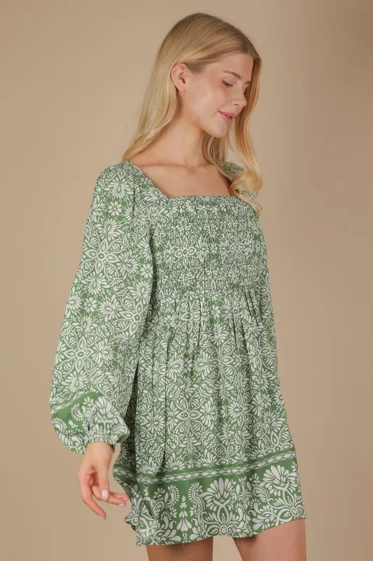 Printed Smocked Chest Boho Mini Dress side view