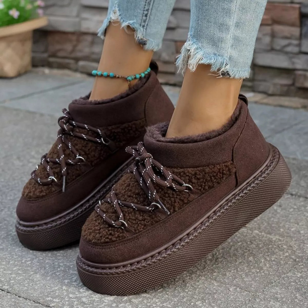 plush lined lace up platform winter boots top down view