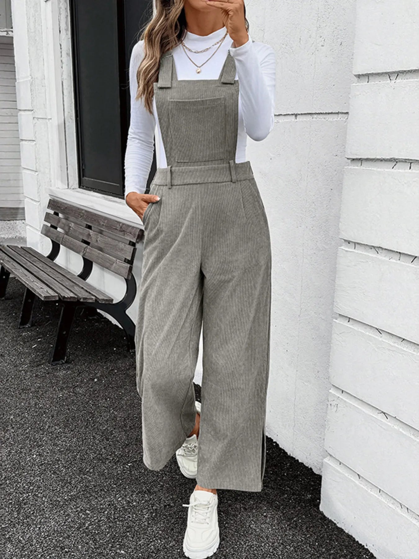 Slit Wide Leg Overalls with Pockets - Fashorio