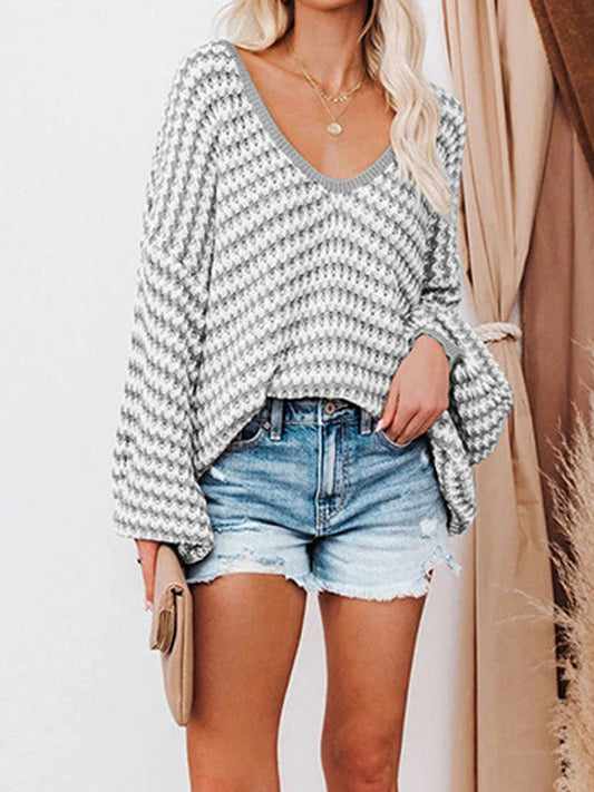 Striped Drop Shoulder V-Neck Sweater Cloudy Blue - Fashorio