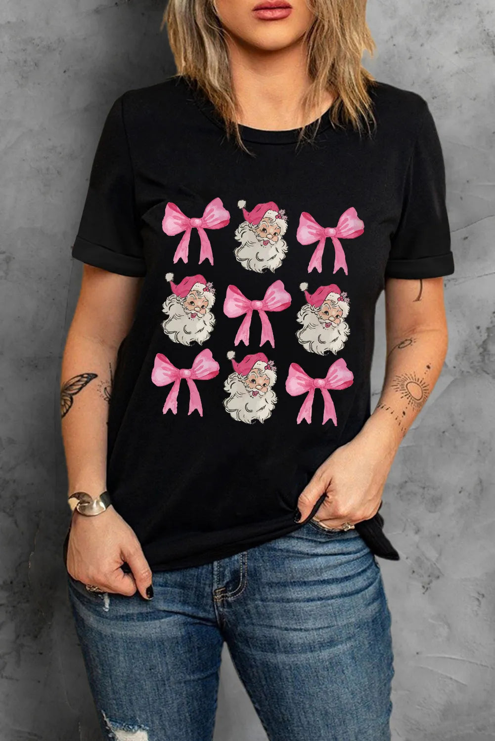 Santa bow graphic round neck short sleeve top front view