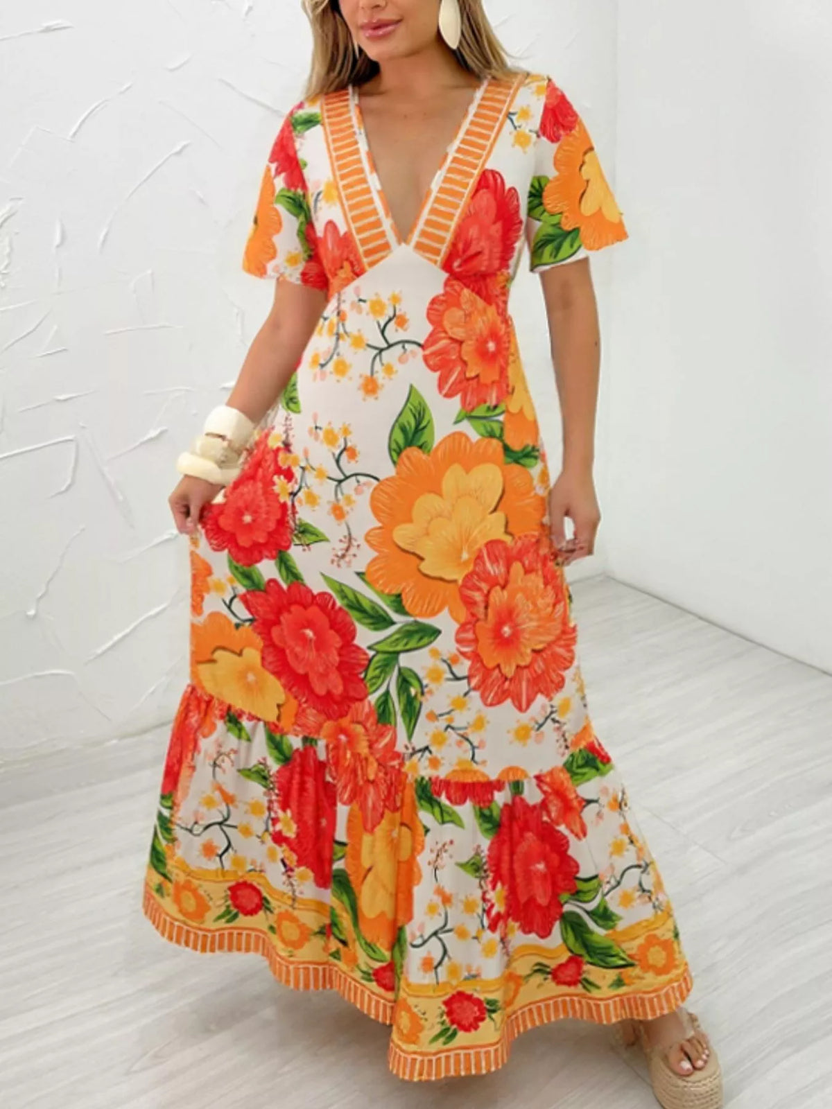 Orange floral V neck maxi dress front view