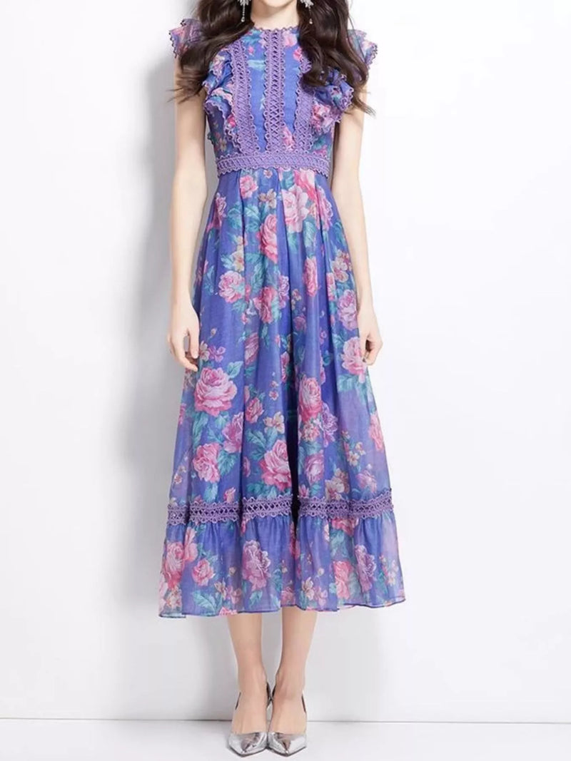 Blue floral print ruffle sleeve dress front view