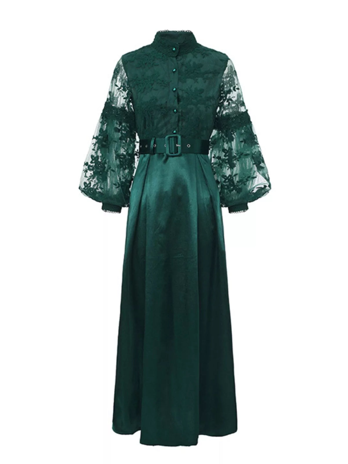 Brocade lace lantern sleeve belted maxi dress in green full length front view