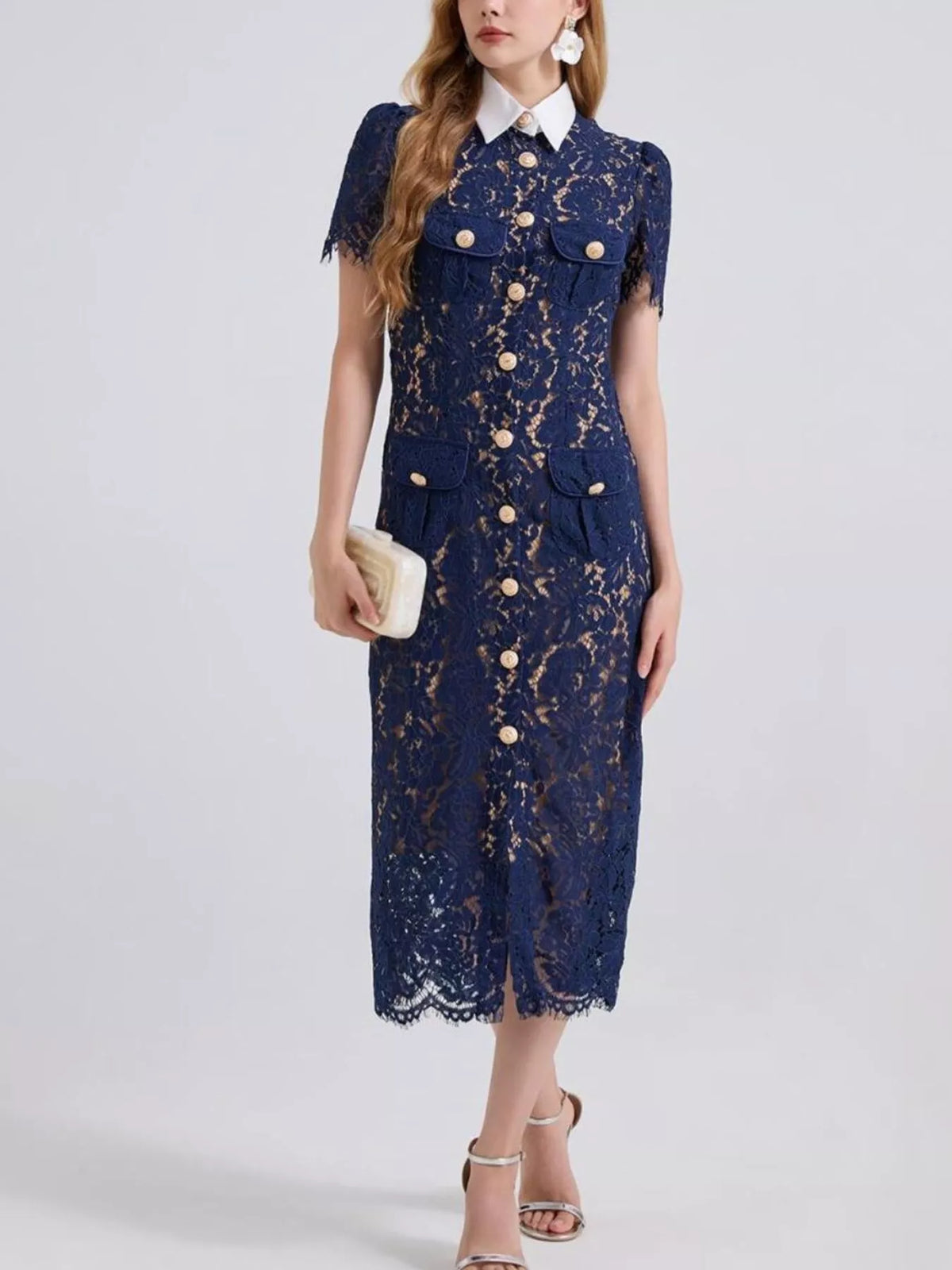 lace button down midi dress skirt and hem detail