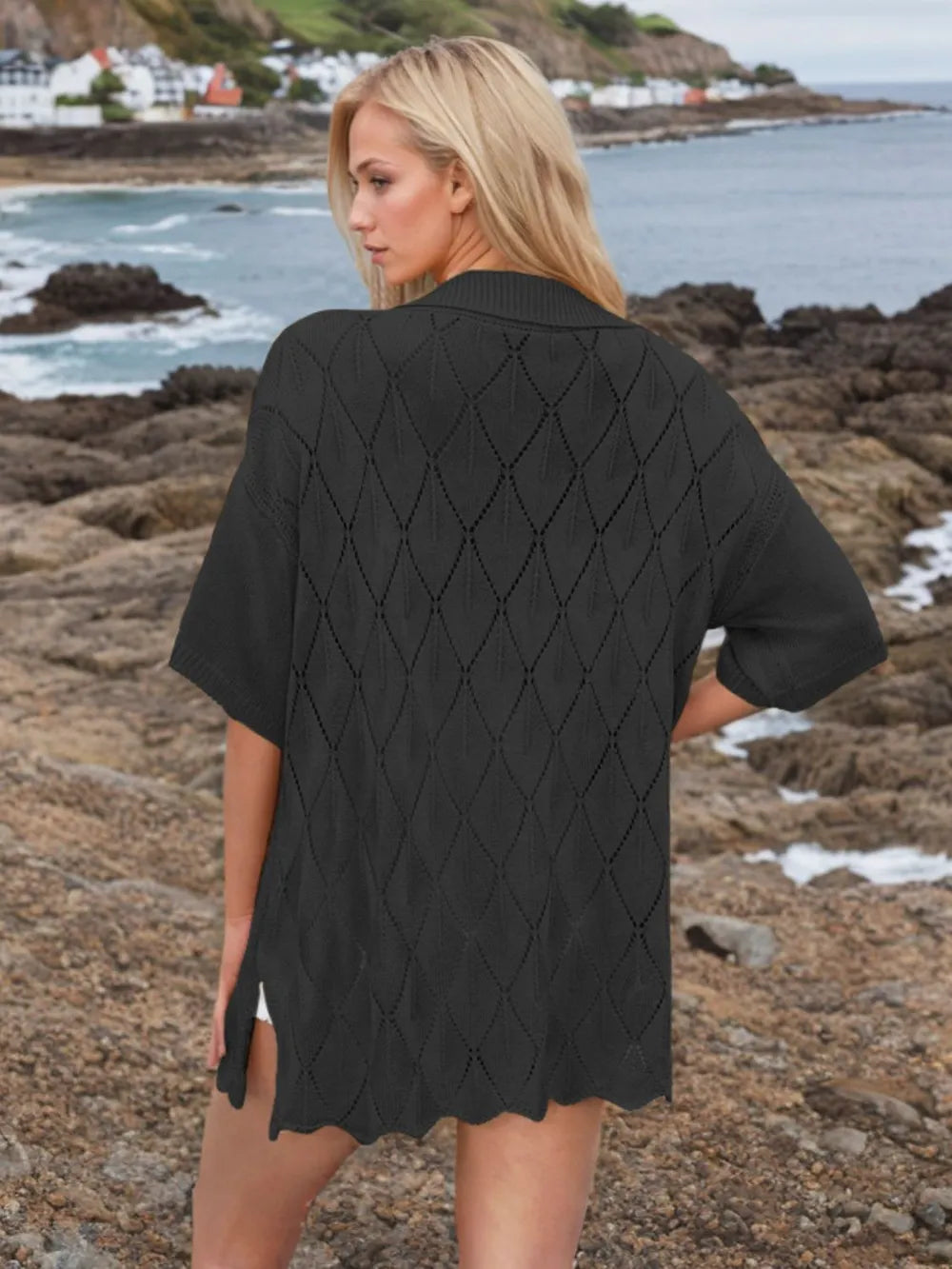 Button Down Eyelet Collared Neck Knit Shirt - Fashorio