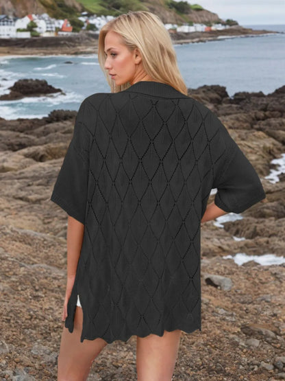 Button Down Eyelet Collared Neck Knit Shirt - Fashorio