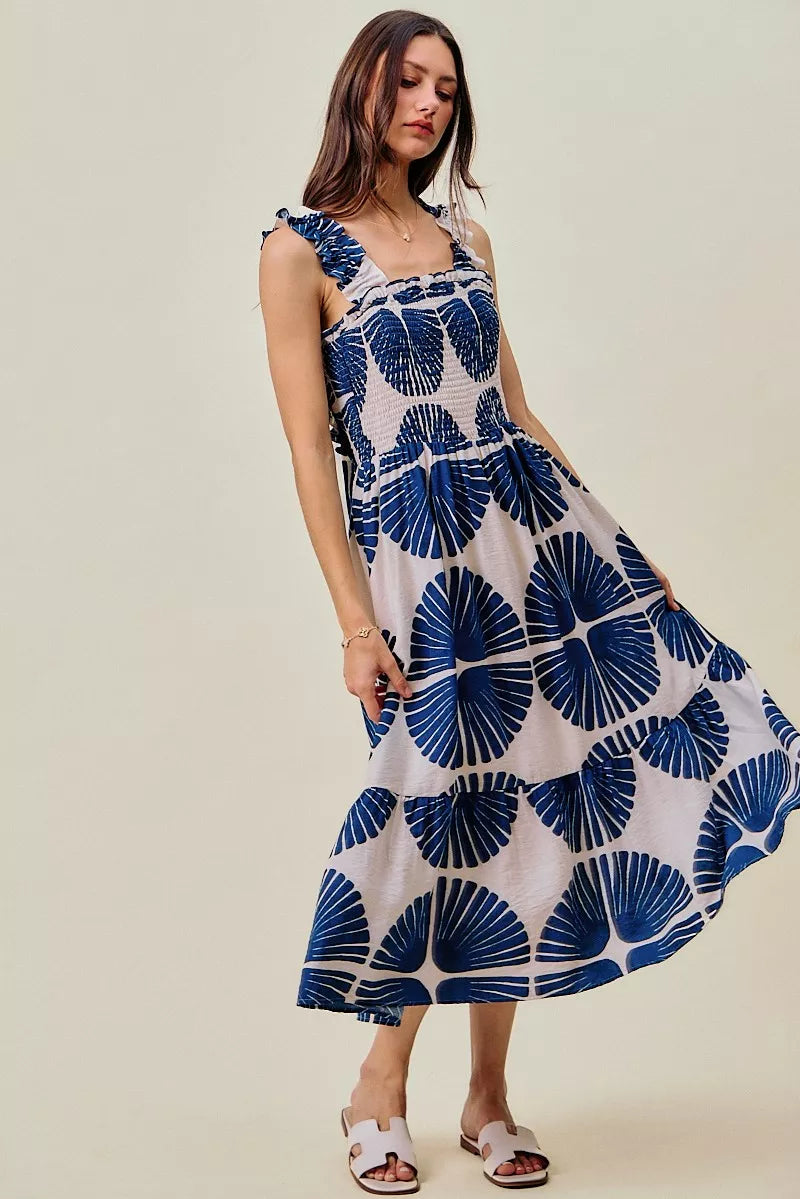 Navy abstract print smocked bodice tiered midi dress front view