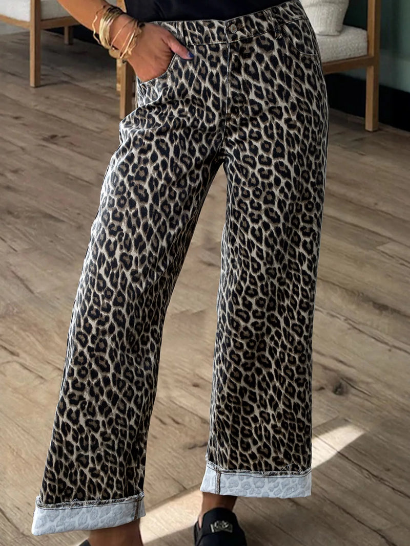 Leopard print straight loose leg jeans front view