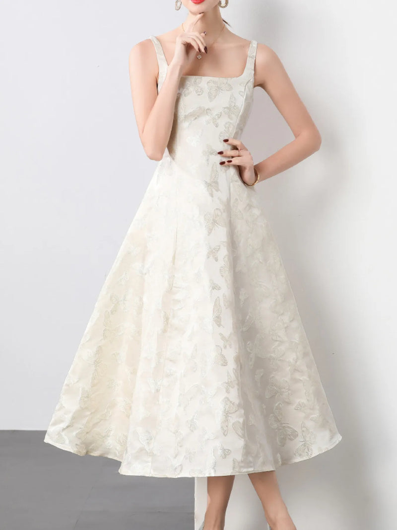 butterfly embroidered a line midi dress in apricot front view